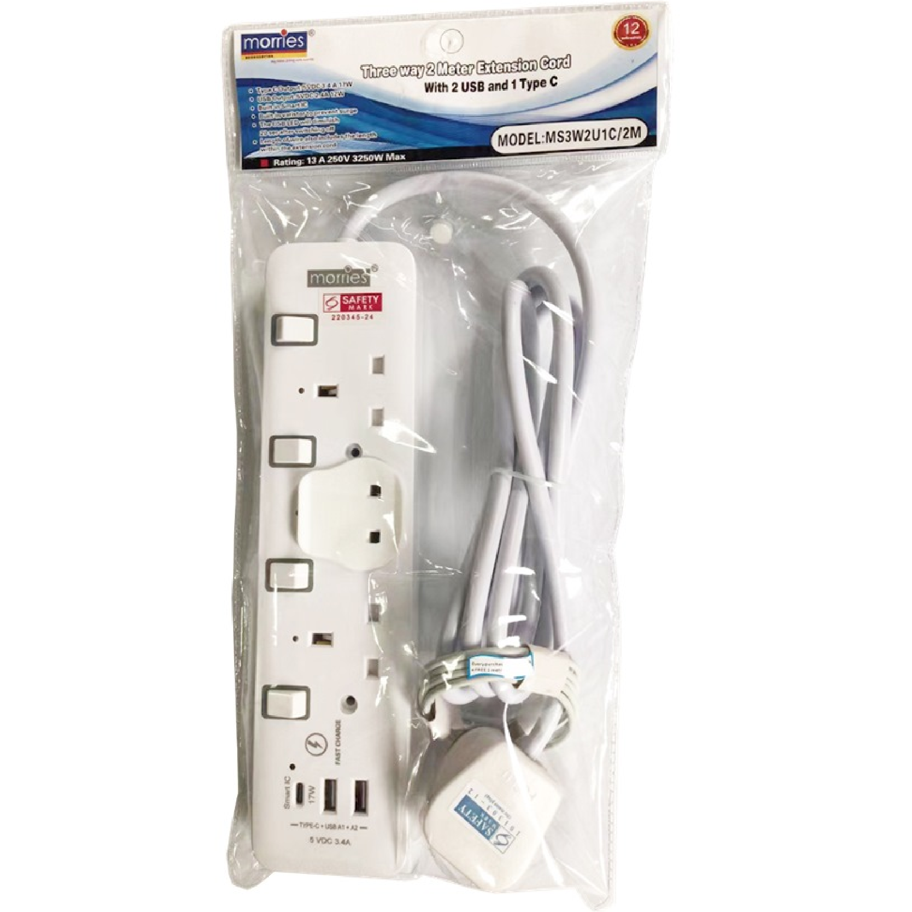 Morries 3 Way 2M Extension Cord With 2 USB & 1 TYPE C MS3W2U1C/2M